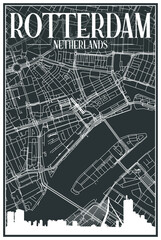 Dark printout city poster with panoramic skyline and hand-drawn streets network on dark gray background of the downtown ROTTERDAM, NETHERLANDS