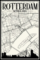 Light printout city poster with panoramic skyline and hand-drawn streets network on vintage beige background of the downtown ROTTERDAM, NETHERLANDS