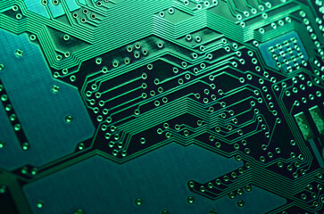 close-up of electronic printed board. Electronic board with blue light effects