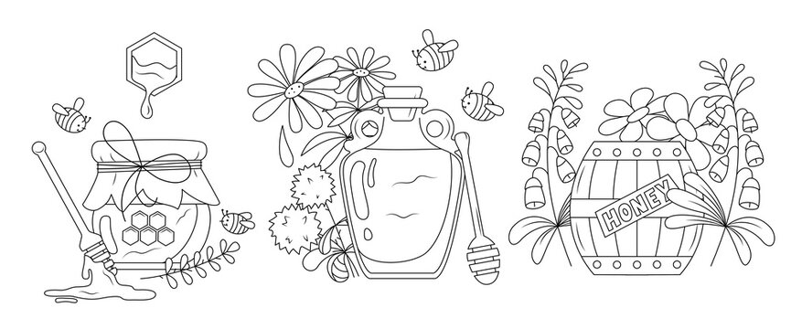 Honey. Pot, jug and barrel with honey. Picture for coloring