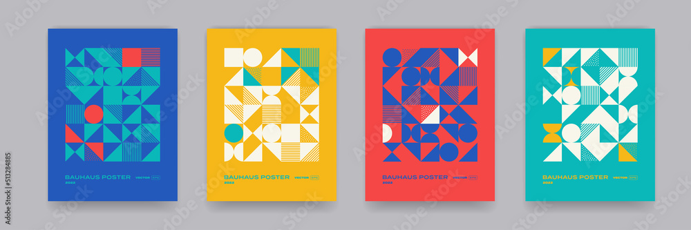 Poster Abstract geometric pattern background, vector abstract circle, triangle and square lines art. Yellow, blue, red and green color, trendy geometric bauhaus pattern backgrounds set