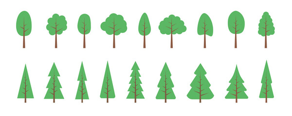 TREES. Vector set of flat trees, forest. Collection elements, various green trees. Nature design flat icon of forest. Simple spring, summer illustration. Minimal cute nature icons.