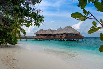 Naklejka na ściany i meble Water bungalow on the islands of the Maldives, a beach with palm trees and azure water. Vacation concept, travel to Paradise Beach in Maldives. A hotel in a tropical paradise.