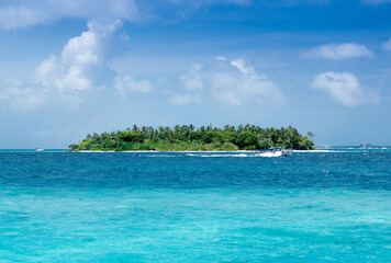 Beautiful Maldives island, beach with palm trees and azure water. Vacation concept travel holiday background banner. Maldives paradise beach. Luxury travel to tropical paradise.
