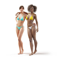 Unusual 3d illustration of beautiful slender women on a tropical island at the ocean. Summertime. Traveling and vacation concept
