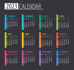 2023 Calendar - illustration. Template. Mock up. Week starts on Sunday