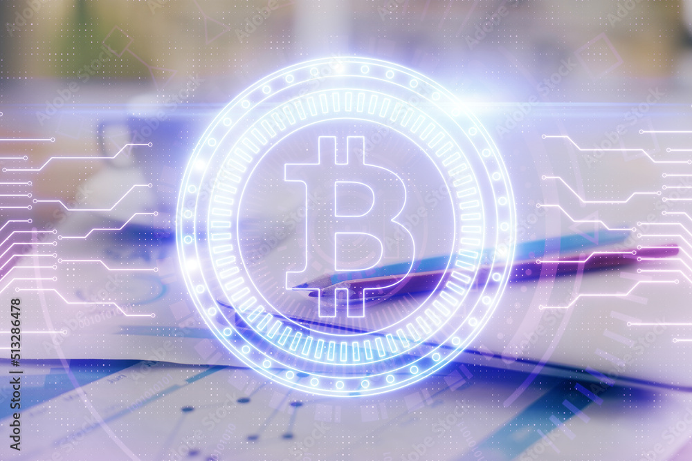 Poster Double exposure of blockchain and crypto economy theme hologram and table with computer background. Concept of bitcoin cryptocurrency.