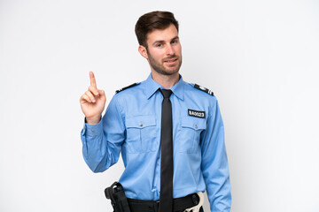Young police caucasian man isolated on white background showing and lifting a finger in sign of the...