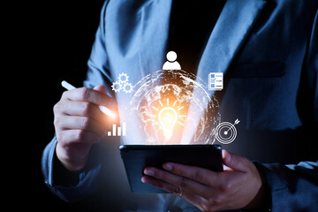 Businessman using mobile smartphone on global network connection on investor and customer with sale data exchange and development of business. Technology and digital marketing. Financial and banking.