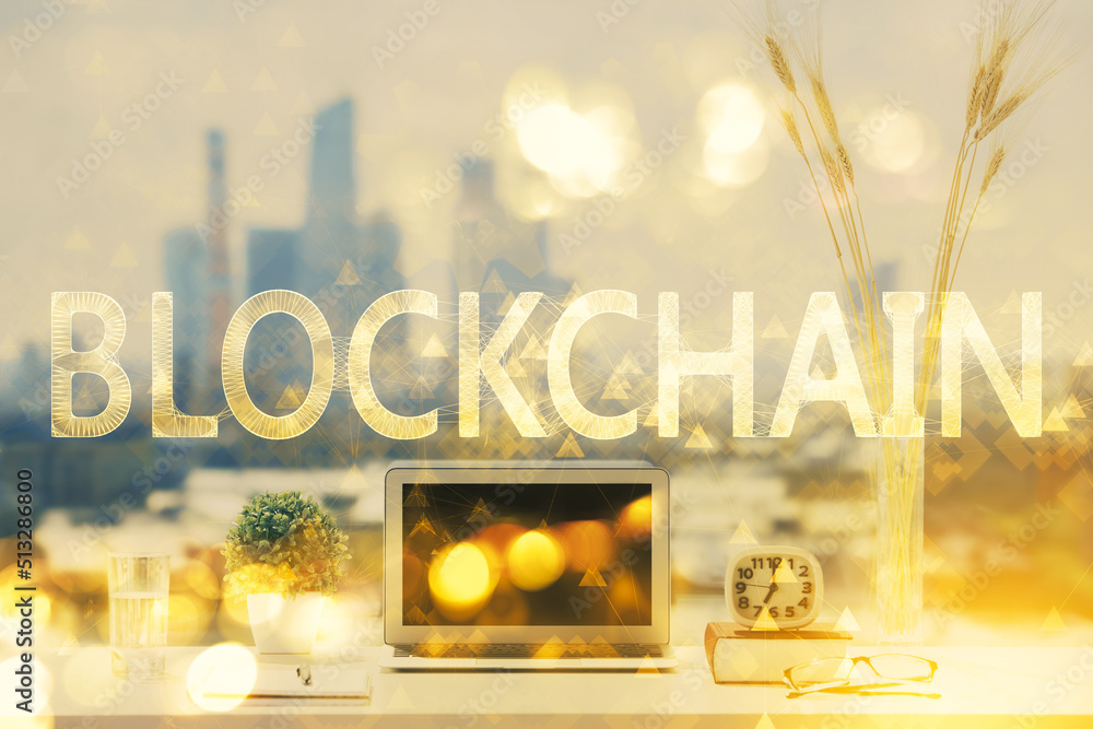 Poster double exposure of blockchain and crypto economy theme hologram and table with computer background. 