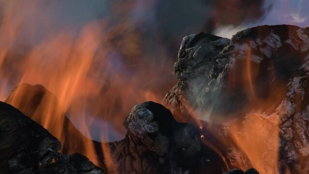 Wooden logs burning in a barbecue fire