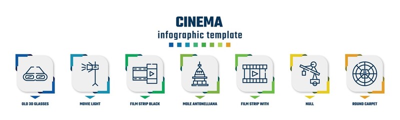 cinema concept infographic design template. included old 3d glasses, movie light, film strip black, mole antonelliana in turin, film strip with play triangle, null, round carpet icons and 7 option