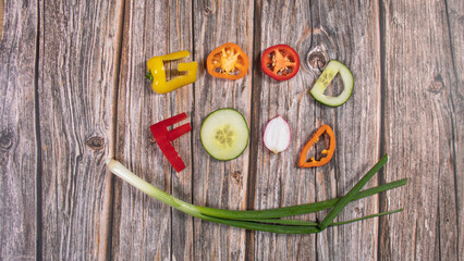 vegetables, onion, pepper, cucumber, radish, inscription good food