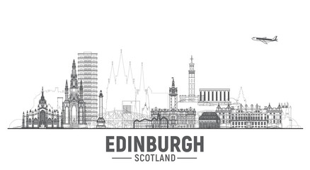 Obraz premium Edinburgh Scotland (UK) line on white background. Vector Illustration. Business travel and tourism concept with modern buildings. Image for banner or web site. 