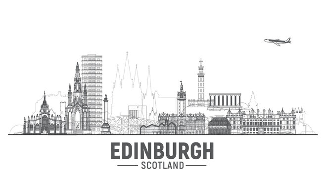 Edinburgh Scotland (UK) line on white background. Vector Illustration. Business travel and tourism concept with modern buildings. Image for banner or web site.
