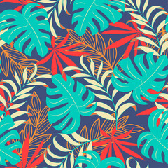 Abstract seamless tropical pattern with bright plants and leaves on a blue background. Seamless exotic pattern with tropical plants. Exotic wallpaper. Beautiful seamless vector floral pattern.