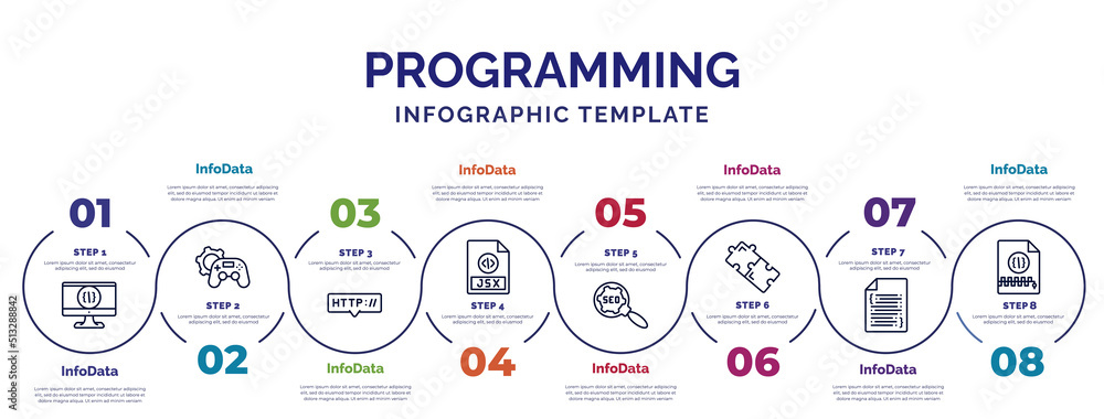Aufkleber infographic template with icons and 8 options or steps. infographic for programming concept. include