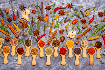 A set of spices on a gray background. Variety of spices from India. Food decoration design. Various spices, peppers and herbs close-up top view. Set of peppers, salt, herbs and spices for cooking.