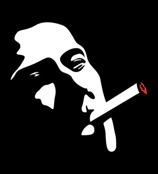 Chicago and Britain gangster mafia. Mysterious silhouette face of a man in a hat who smokes a cigar. Portrait for poster idea. Italian mafia.