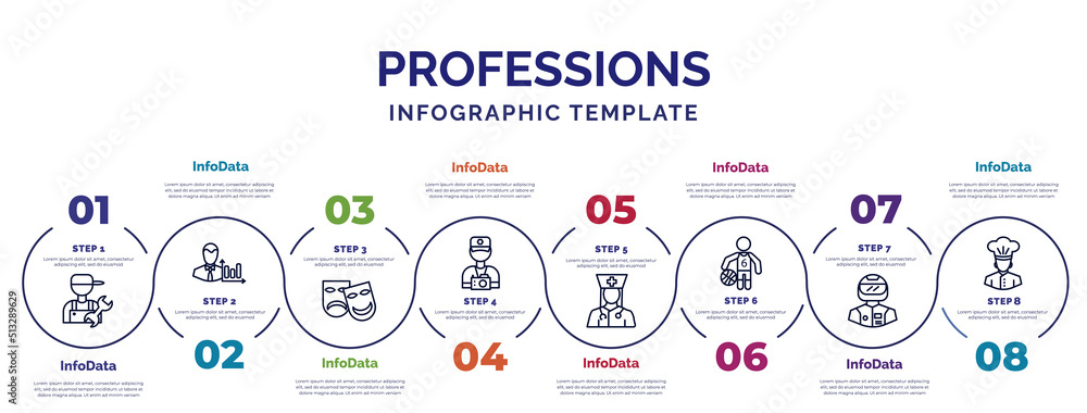 Poster infographic template with icons and 8 options or steps. infographic for professions concept. include