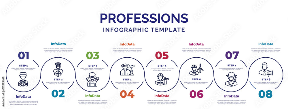 Poster infographic template with icons and 8 options or steps. infographic for professions concept. include
