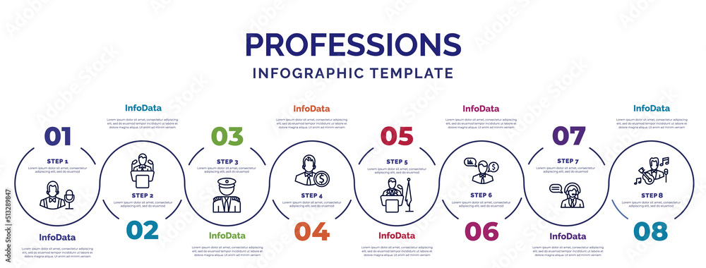 Poster infographic template with icons and 8 options or steps. infographic for professions concept. include