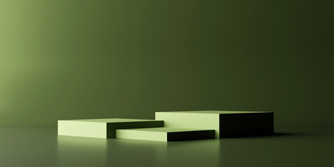 Green aesthetic Podium, product stand. Blank Exhibition stage or empty product shelf. 3D rendering.