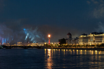 The old St. Petersburg Stock Exchange, Rostral columns with a burning gas torch and the golden...