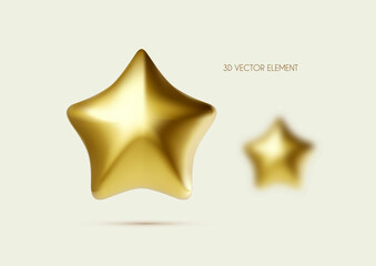 3D gold stars set. Glossy and blur. Win, award and show design element.