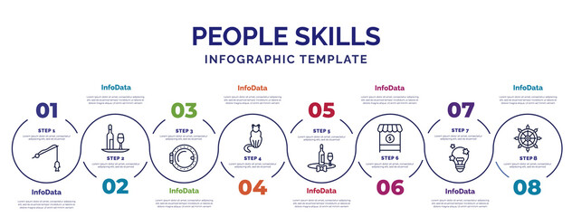 infographic template with icons and 8 options or steps. infographic for people skills concept. included fisher, boat porthole, ailurophile, sommelier, seller, creativity, boat rudder icons.