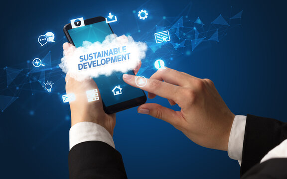 Hand using smartphone with cloud technology concept