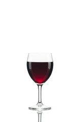 A glass of red wine and its reflection.