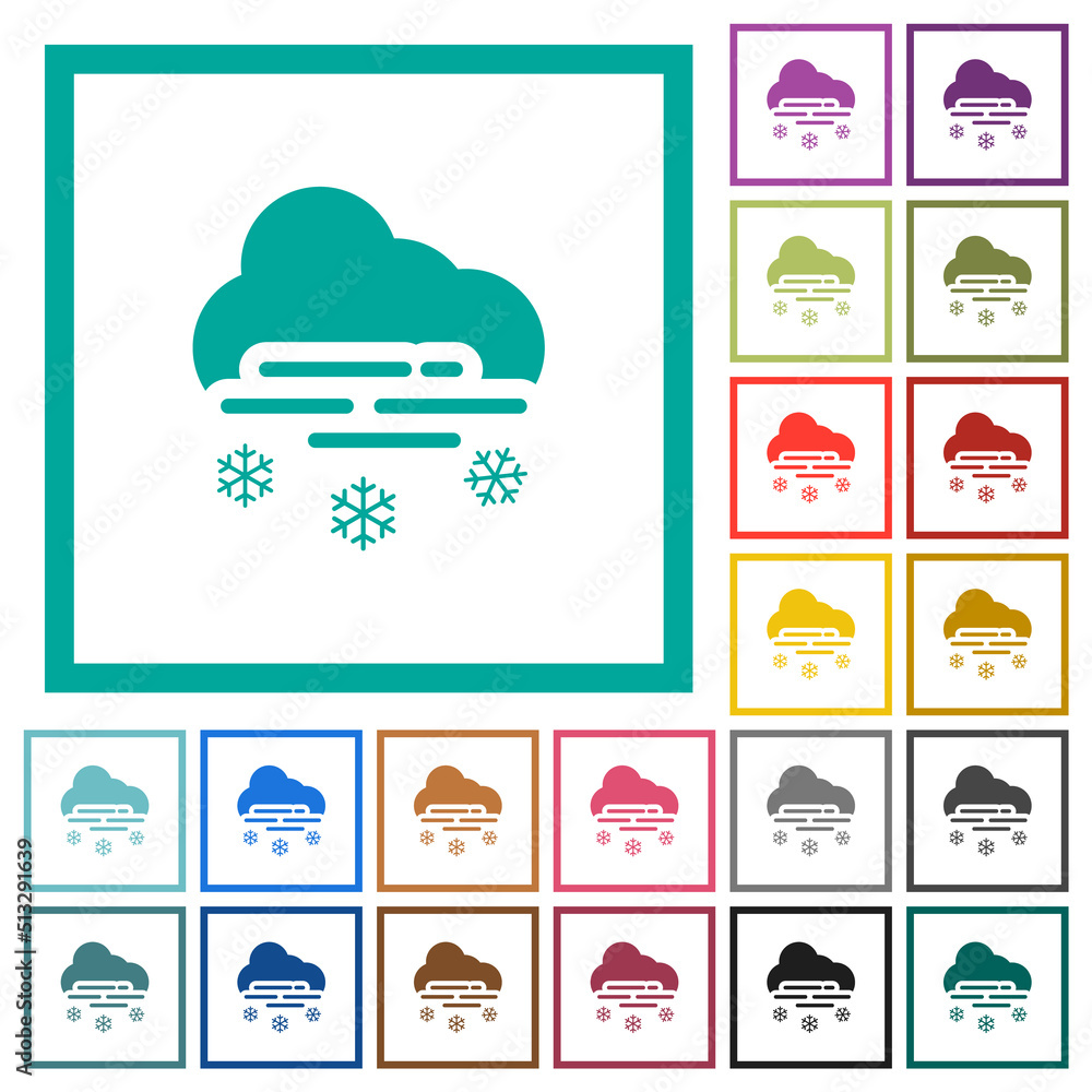 Poster misty and snowy weather flat color icons with quadrant frames