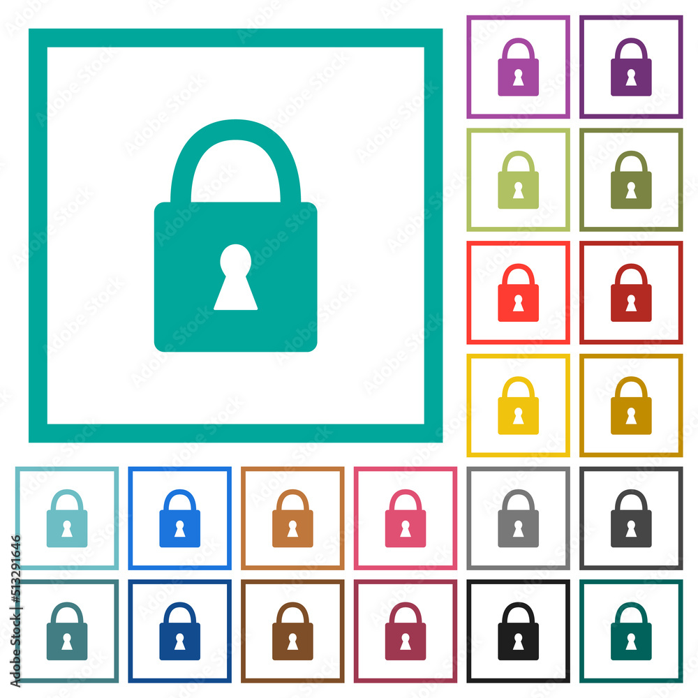 Poster locked padlock with keyhole solid flat color icons with quadrant frames