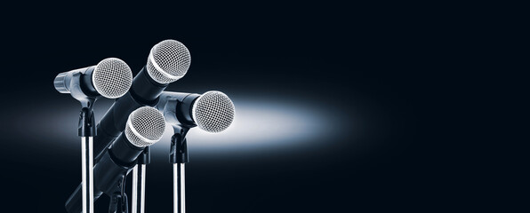 Press conference microphone with background or concept of performance speaker speech comment and public speaking