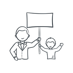 Father and son doodle cartoon hand drawn vector illustration holding pamphlet together