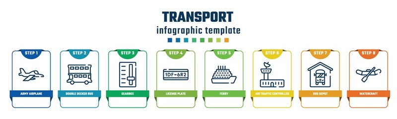 transport concept infographic design template. included army airplane, double decker bus, gearbox, license plate, ferry, air traffic controller, bus depot, watercraft icons and 8 options or steps. - obrazy, fototapety, plakaty