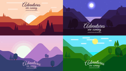 Vector illustration. Set of landscapes. Morning, day, evening and night. Design for poster, banner, greeting or touristic card. 