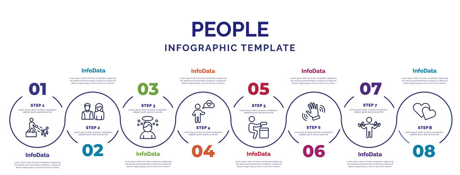 Infographic Template With Icons And 8 Options Or Steps. Infographic For People Concept. Included Man Pushing Child, Boy Angel Head, Man Thinking About Love, Criminal Heist, Slap, Biceps Of A Man,