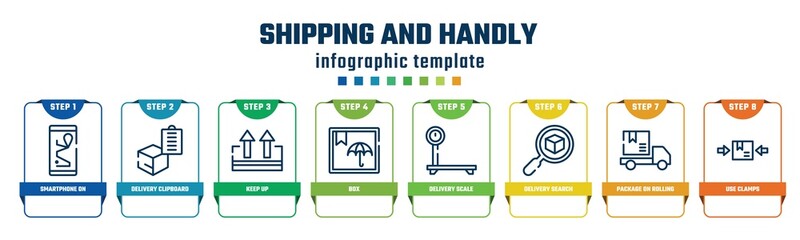 shipping and handly concept infographic design template. included smartphone on, delivery clipboard, keep up, box, delivery scale, delivery search, package on rolling transport, use clamps icons and