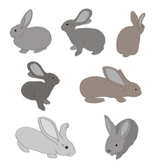 gray rabbits - set of vector silhouettes of animals