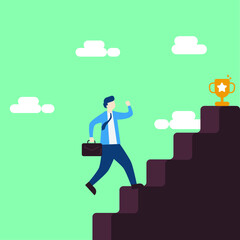 Businessman Climb Up The Stair Achieve Winning Trophy