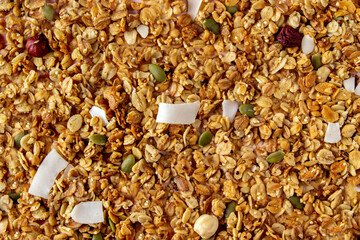 granola with dried berries, coconut chips, pumpkin seeds, chia seeds, healthy breakfast in the morning