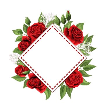 Blank vector frame with red rose flowers and leaves isolated on white