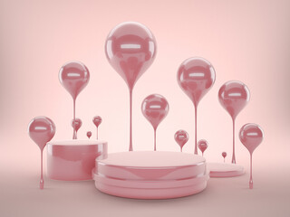 3D illustration of pink podium stand with balloons for product showcase, work path or clipping path included