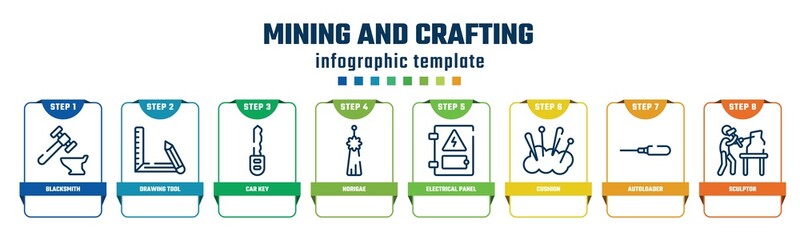 mining and crafting concept infographic design template. included blacksmith, drawing tool, car key, norigae, electrical panel, cushion, autoloader, sculptor icons and 8 options or steps.