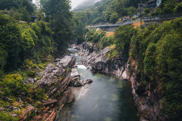 View on the Lavertezzo village, famous tourist destination - An old Swiss village with double arch...