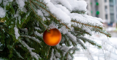 Christmas toys orange ball on the Christmas tree. Snow on a branch. Street decoration in winter....