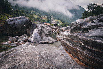 View on the Lavertezzo village, famous tourist destination - An old Swiss village with double arch...