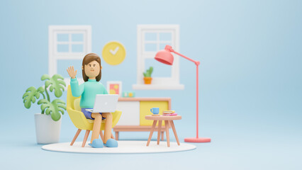 Work from home office quarantine. Freelancer character working business from home using remotely laptop computer video call online webcam conference meeting creative group. 3d rendering.